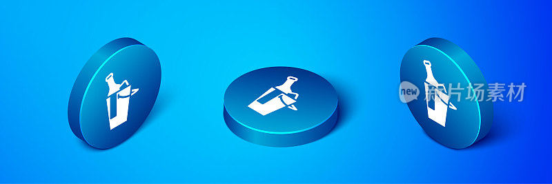 Isometric Bottle of wine in an ice bucket icon isolated on blue background. Blue circle button. Vector